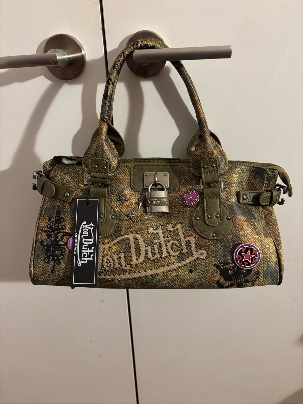 Von Dutch Olive Green Printed Logo Satchel with Metal Lock